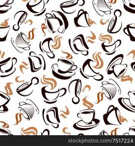 Seamless brown cups of hot beverages pattern on white background with strong turkish coffee and creamy american cappuccino. Use as coffee shop, cafe interior or kitchen accessories design. Seamless pattern with turkish coffee or cappuccino