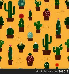 Seamless cactus forest on yellow sand pattern. Seamless cactus pattern