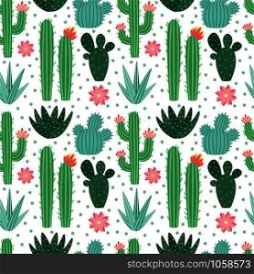 Seamless cactus pattern. Exotic desert cacti houseplants, repeating cactuses or succulent fabric doodle. Blooming garden cactus wrapping print or floral wallpaper flat vector background. Seamless cactus pattern. Exotic desert cacti houseplants, repeating cactuses vector background