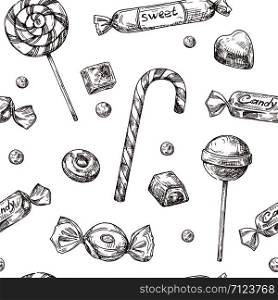 Seamless candy background. Sketch chocolate candy, lollipop and marmalade sweets, hand drawn vector wrapper texrure. Illustration of candy and chocolate candy. Seamless candy background. Sketch chocolate candy, lollipop and marmalade sweets, hand drawn vector wrapper texrure