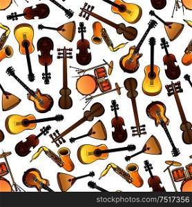 Seamless cartoon drums, violins and saxophones, acoustic and electric guitars, indian sarods and russian balalaikas pattern over white background. Use as classic and ethnic musical instruments theme design. Classic, ethnic music instruments seamless pattern
