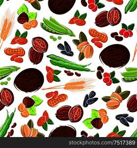 Seamless cartoon fresh and roasted coffee beans, almonds and peanuts, hazelnuts and pistachios, walnuts and coconuts, pods and grains of sweet peas and beans, sunflower seeds and wheat ears pattern on white background. Seamless cartoon nuts, beans, seeds, wheat pattern
