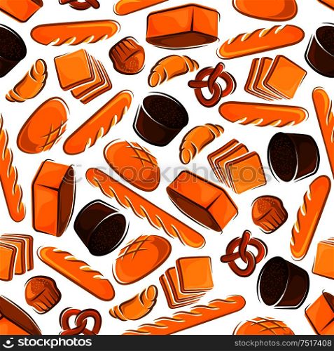 Seamless cartoon fresh baked bread pattern with butter cupcakes, croissants and sweet pretzels, healthfull dark rye and multigrain bread loaves, french baguettes and toasts on white background. Seamless pattern of fresh bread products