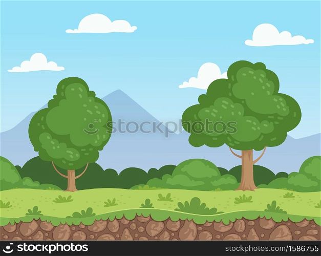 Seamless cartoon landscape. Parallax nature panorama ground with grass trees and rocks vector background. Illustration seamless game unending. Seamless cartoon landscape. Parallax nature panorama ground with grass trees and rocks vector background