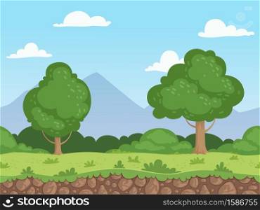 Seamless cartoon landscape. Parallax nature panorama ground with grass trees and rocks vector background. Illustration seamless game unending. Seamless cartoon landscape. Parallax nature panorama ground with grass trees and rocks vector background
