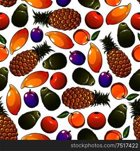 Seamless cartoon pattern of juicy tropical pineapples and mangoes, oranges and avocados, garden plums and peaches fruits over white background. Great for organic farming theme or fruity dessert design. Seamless sweet and juicy fresh fruits pattern