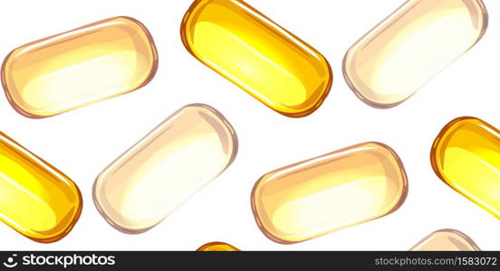 Seamless cartoon pattern with medicine pills and drugs on a white background. Capsules with fish oil. Vector texture for fabrics, backgrounds and your creativity.. Seamless cartoon pattern with medicine pills and drugs on a white background. Capsules with fish oil. Vector texture