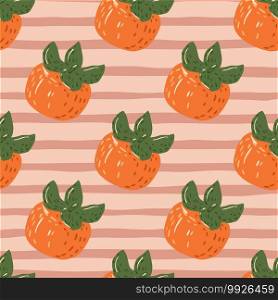 Seamless cartoon pattern with persimmons simple silhouettes. Orange ripe fruits on pink striped background. Great for fabric design, textile print, wrapping, cover. Vector illustration.. Seamless cartoon pattern with persimmons simple silhouettes. Orange ripe fruits on pink striped background.