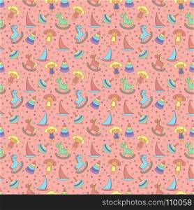 Seamless cartoon vector pattern with toys of Horse, Sailboat, Whirligig and Dolls in muted colors on the pink background as a fabric or others textures for children