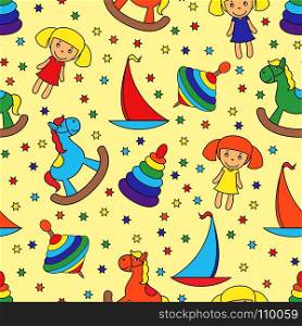 Seamless cartoon vector pattern with toys of Horse, Sailboat, Whirligig and Dolls in bright colors on the yellow background as a fabric or others textures for children