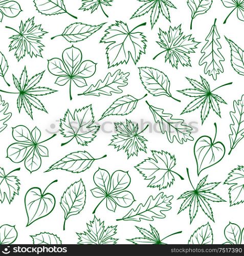 Seamless carved green leaves pattern for ecology theme or retro wallpaper design with sketched foliage of maple and oak, chestnut and basswood trees and grape vines randomly scattered on white background. Sketched green leaves seamless pattern background