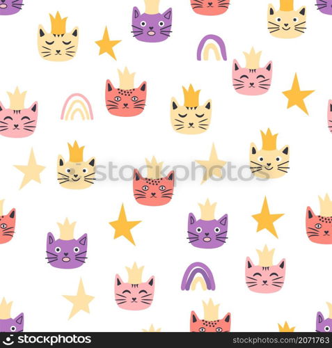 Seamless cat princess pattern. Cute princess cats seamless pattern, little kitty. Girlish print for textiles. Seamless cat princess pattern. Cute princess cats seamless pattern, little kitty.