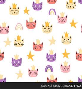 Seamless cat princess pattern. Cute princess cats seamless pattern, little kitty. Girlish print for textiles. Seamless cat princess pattern. Cute princess cats seamless pattern, little kitty.