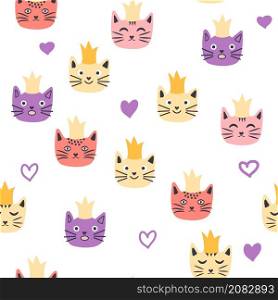 Seamless cat princess pattern. Cute princess cats seamless pattern, little kitty. Girlish print for textiles. Seamless cat princess pattern. Cute princess cats seamless pattern, little kitty.
