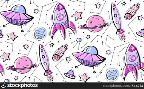 Seamless child pattern of contour colorful illustrations of stars, spaceships and UFOs. Vector pattern for wallpaper, wraps, fabric and your creativity. Seamless child pattern of contour colorful illustrations of stars, spaceships and UFOs. Vector pattern
