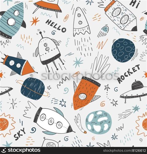 Seamless childish cosmic pattern with cute rockets, lettering and stars in space. Repeating texture doodle style universe. Colored flat vector illustration of cosmos background.. Seamless childish cosmic pattern with cute rockets, lettering and stars in space. Repeating texture doodle style universe. Colored flat vector illustration of cosmos background