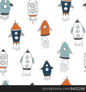 Seamless childish cosmic pattern with cute rockets. Repeating texture doodle style universe. Colored flat vector illustration of cosmos background.. Seamless childish cosmic pattern with cute rockets. Repeating texture doodle style universe. Colored flat vector illustration of cosmos background