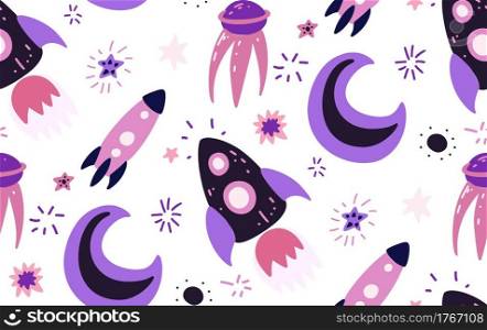Seamless childish cosmos pattern with stars, moon, shuttle and satellite on white background. Vector cartoon texture of the universe with dots. Vector hand drawn wallpaper of space. Seamless childish cosmos pattern with stars, moon, shuttle and satellite on white background. Vector cartoon texture of the universe with dots.