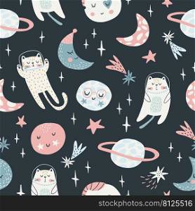 Seamless childish pattern with cat astronauts in space. Trendy colorful Scandinavian style. Creative scandinavian baby texture for fabric, wrapping, textile, wallpaper, clothes. Vector illustration. Seamless childish pattern with cat astronauts in space. Trendy colorful Scandinavian style. Creative scandinavian baby texture for fabric, wrapping, textile, wallpaper, clothes. Vector illustration.