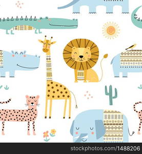 Seamless childish pattern with cute African animals, lion, elephant, hippo, giraffe,crocodile. Scandinavian style kids texture for fabric, wrapping, textile, wallpaper, apparel. Vector illustration.