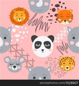 Seamless childish pattern with cute animal faces. Creative nursery background. Perfect for kids design, fabric, wrapping, wallpaper, textile, apparel. Seamless childish pattern with cute animal faces. Creative nursery background