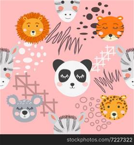 Seamless childish pattern with cute animal faces. Creative nursery background. Perfect for kids design, fabric, wrapping, wallpaper, textile, apparel. Seamless childish pattern with cute animal faces. Creative nursery background