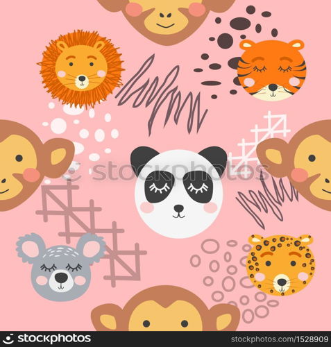 Seamless childish pattern with cute animal faces. Creative nursery background. Perfect for kids design, fabric. Seamless childish pattern with cute animal faces. Creative nursery background