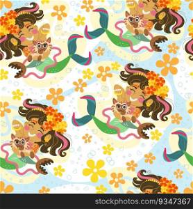 Seamless childish pattern with cute happy mermaids, flowers and a cat. Vector illustration flat style. Creative kids texture for design, print, linen, fabric, wrapping, textile, wallpaper and apparel. Seamless pattern with mermaid and a cat vector
