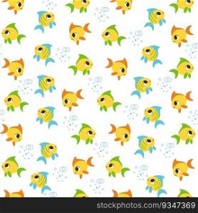 Seamless childish pattern with cute happy yellow fishes on a white background. Vector illustration . Creative kids texture for design, print, linen, fabric, wrapping, textile, wallpaper and apparel. Seamless pattern with yellow fishes vector illustration