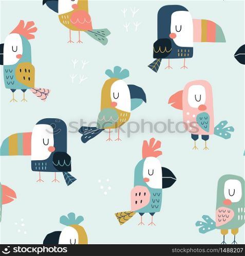 Seamless childish pattern with cute parrots and toucans. Scandinavian style kids texture for fabric, wrapping, textile, wallpaper, apparel. Vector flat funny illustration.