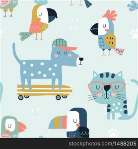 Seamless childish pattern with cute parrots, toucans, cat and dog. Scandinavian style kids texture for fabric, wrapping, textile, wallpaper, apparel. Vector flat funny illustration.