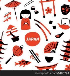 Seamless childish pattern with cute traditional japanese symbols. Travel to Japan. Funny doodle hand drawn vector illustration. Scandinavian style kids texture for fabric, wrapping, textile, apparel.