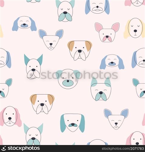 Seamless childish pattern with dog animal faces. Creative nursery background. Perfect for kids design, fabric, wrapping, wallpaper, textile, apparel. Seamless childish pattern with dog animal faces. Creative nursery background