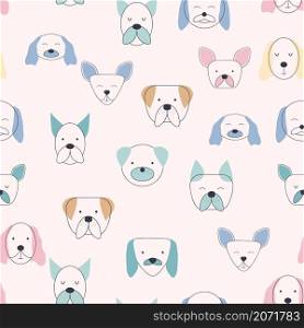 Seamless childish pattern with dog animal faces. Creative nursery background. Perfect for kids design, fabric, wrapping, wallpaper, textile, apparel. Seamless childish pattern with dog animal faces. Creative nursery background