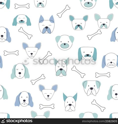 Seamless childish pattern with dog animal faces. Creative nursery background. Perfect for kids design, fabric, wrapping, wallpaper, textile, apparel. Seamless childish pattern with dog animal faces. Creative nursery background. Perfect for kids design, fabric
