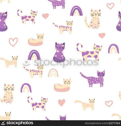 Seamless childish pattern with funny colorful cats and rainbows. Creative scandinavian kids texture. Meow inscription. Childish seamless pattern with animals and rainbow. Kids pastel textile print