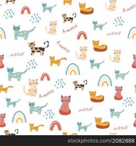 Seamless childish pattern with funny colorful cats and rainbows. Creative scandinavian kids texture. Meow inscription. Childish seamless pattern with animals and rainbow. Kids pastel textile print
