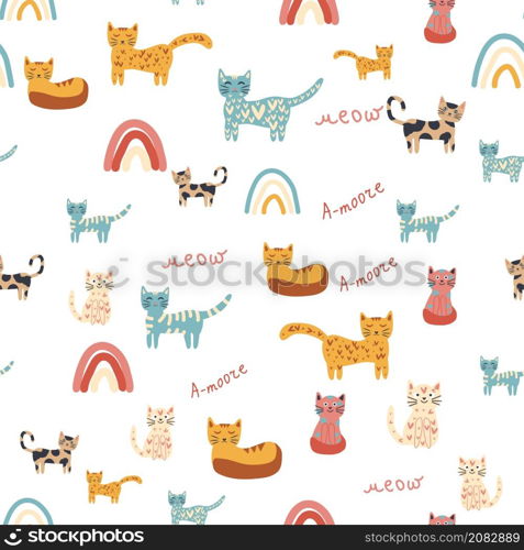 Seamless childish pattern with funny colorful cats and rainbows. Creative scandinavian kids texture. Meow inscription. Childish seamless pattern with animals and rainbow. Kids pastel textile print