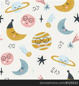 Seamless childish pattern with funny planet characters. Trendy space texture for fabric, apparel, textile, wallpaper. Cute kids print. Vector illustration.. Seamless childish pattern with funny planet characters. Trendy space texture for fabric, apparel, textile, wallpaper. Cute kids print. Vector illustration