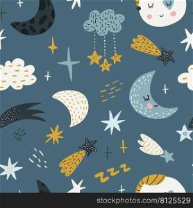 Seamless childish pattern with funny planet characters. Trendy space texture for fabric, apparel, textile, wallpaper. Cute kids print. Vector illustration.. Seamless childish pattern with funny planet characters. Trendy space texture for fabric, apparel, textile, wallpaper. Cute kids print. Vector illustration