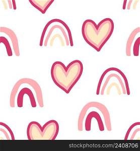 Seamless childish pattern with hand drawn rainbows and hearts. Creative scandinavian kids texture for fabric, wrapping, textile, wallpaper, apparel. Seamless childish pattern with hand drawn rainbows and hearts. Creative scandinavian kids texture for fabric
