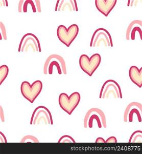 Seamless childish pattern with hand drawn rainbows and hearts. Creative scandinavian kids texture for fabric, wrapping, textile, wallpaper, apparel. Seamless childish pattern with hand drawn rainbows and hearts. Creative scandinavian kids texture for fabric