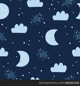 Seamless childish pattern with moons, clouds, stars. Creative kids texture for fabric, wrapping, textile, wallpaper, apparel Vector illustration. Seamless childish pattern with moons, clouds, stars.
