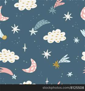 Seamless childish pattern with starry sky, moon. Creative kids texture for fabric, wrapping, textile, wallpaper, apparel. Vector illustration. Cute kids print.. Seamless childish pattern with starry sky, moon. Creative kids texture for fabric, wrapping, textile, wallpaper, apparel. Vector illustration. Cute kids print