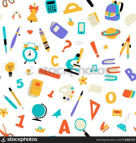 Seamless childish school pattern. Cute doodle kids texture for fabric, wrapping, textile, wallpaper, apparel. Vector flat funny illustration.