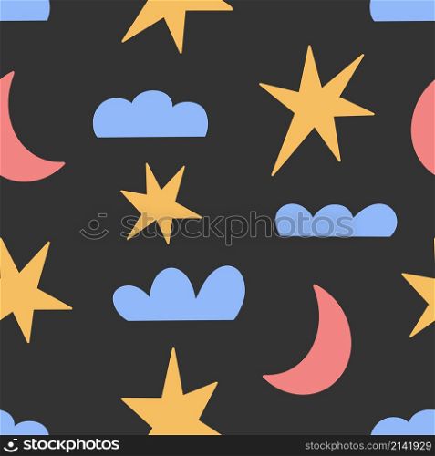 Seamless childish simple pattern for kids with cute stars, moon and clouds in modern style on a black background.. Seamless childish simple pattern for kids with cute stars, moon and clouds in modern style on a black background
