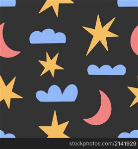 Seamless childish simple pattern for kids with cute stars, moon and clouds in modern style on a black background.. Seamless childish simple pattern for kids with cute stars, moon and clouds in modern style on a black background