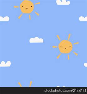 Seamless childish simple pattern for kids with cute sun and clouds in modern style. Vector illustration.. Seamless childish simple pattern for kids with cute sun and clouds in modern style. Vector illustration