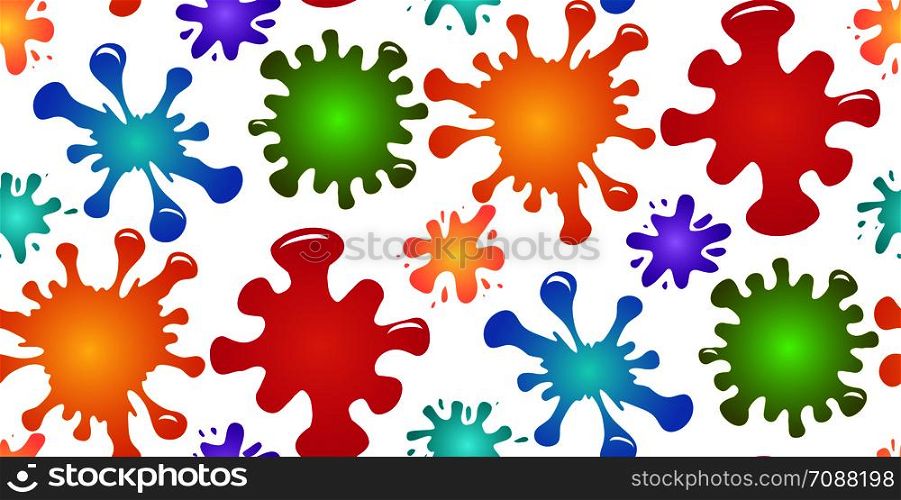 Seamless children pattern with colorful spots of paint on a white background. Vector texture for wrapping paper, fabrics and your creativity. Seamless children pattern with colorful splash of paint on a white background.