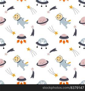 Seamless children pattern with space rocket and planets. Cute cat in space suit. Printing on fabric and wrapping paper. Background for baby textiles.